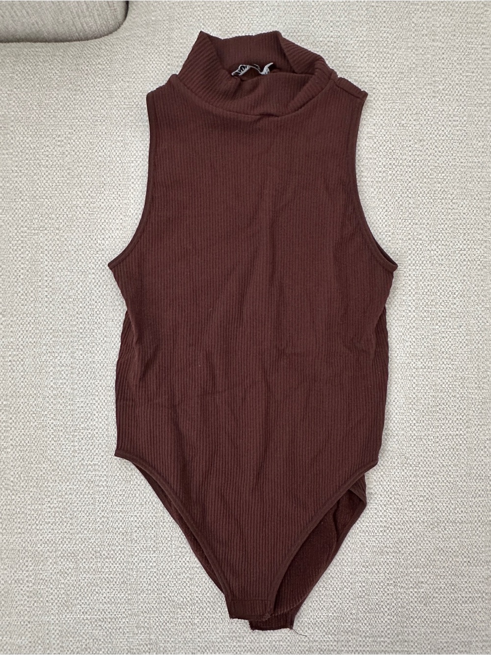 Zara Sleeveless Ribbed Mock-Neck One-Piece Bodysuit in Brown